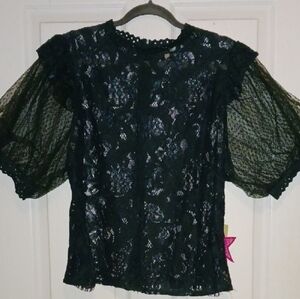 Elegant Hunter Green Puffy Sleeve Lace Blouse